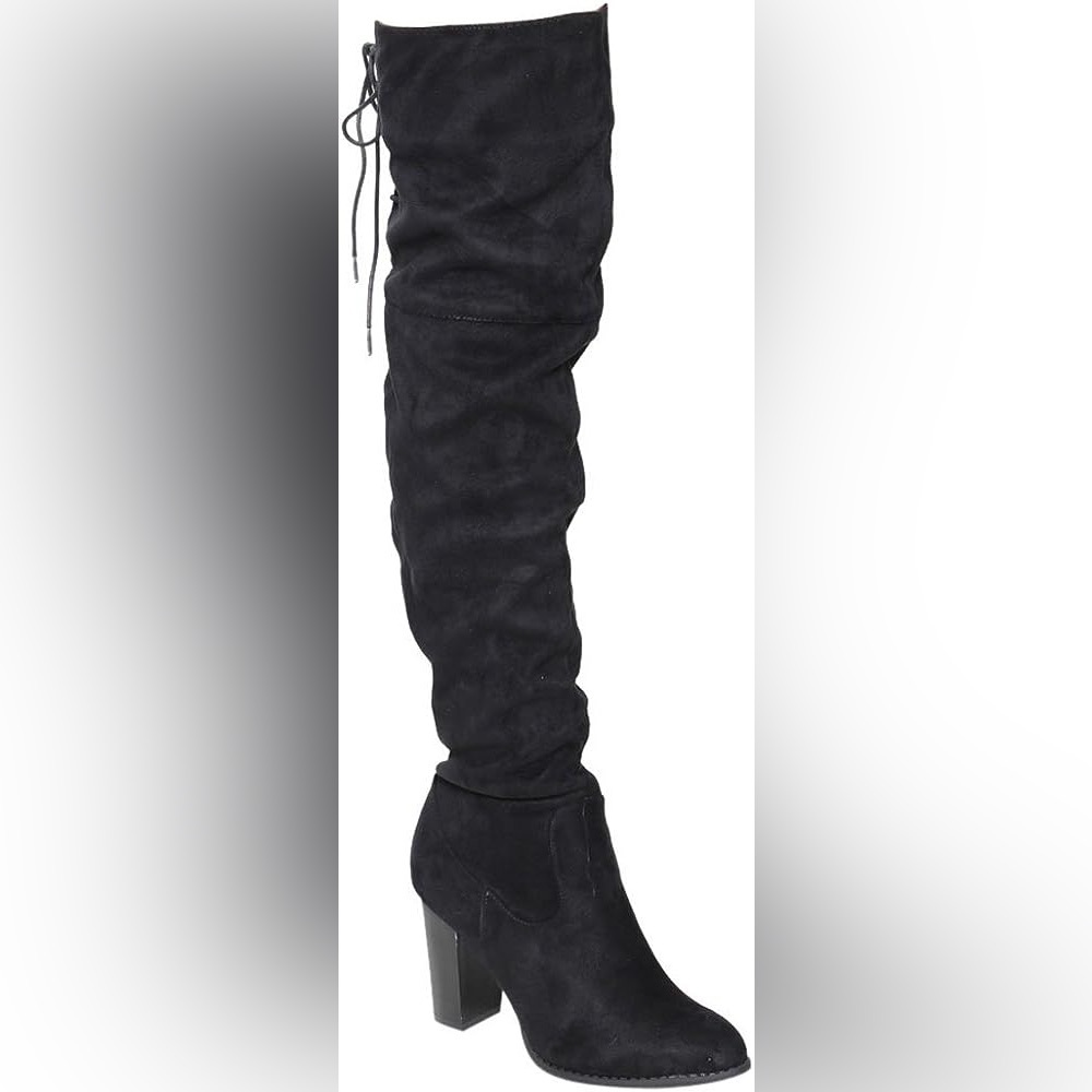Qupid Women's Lace Up Back Stretchy Over The Knee Stacked‎ Chunky Boots